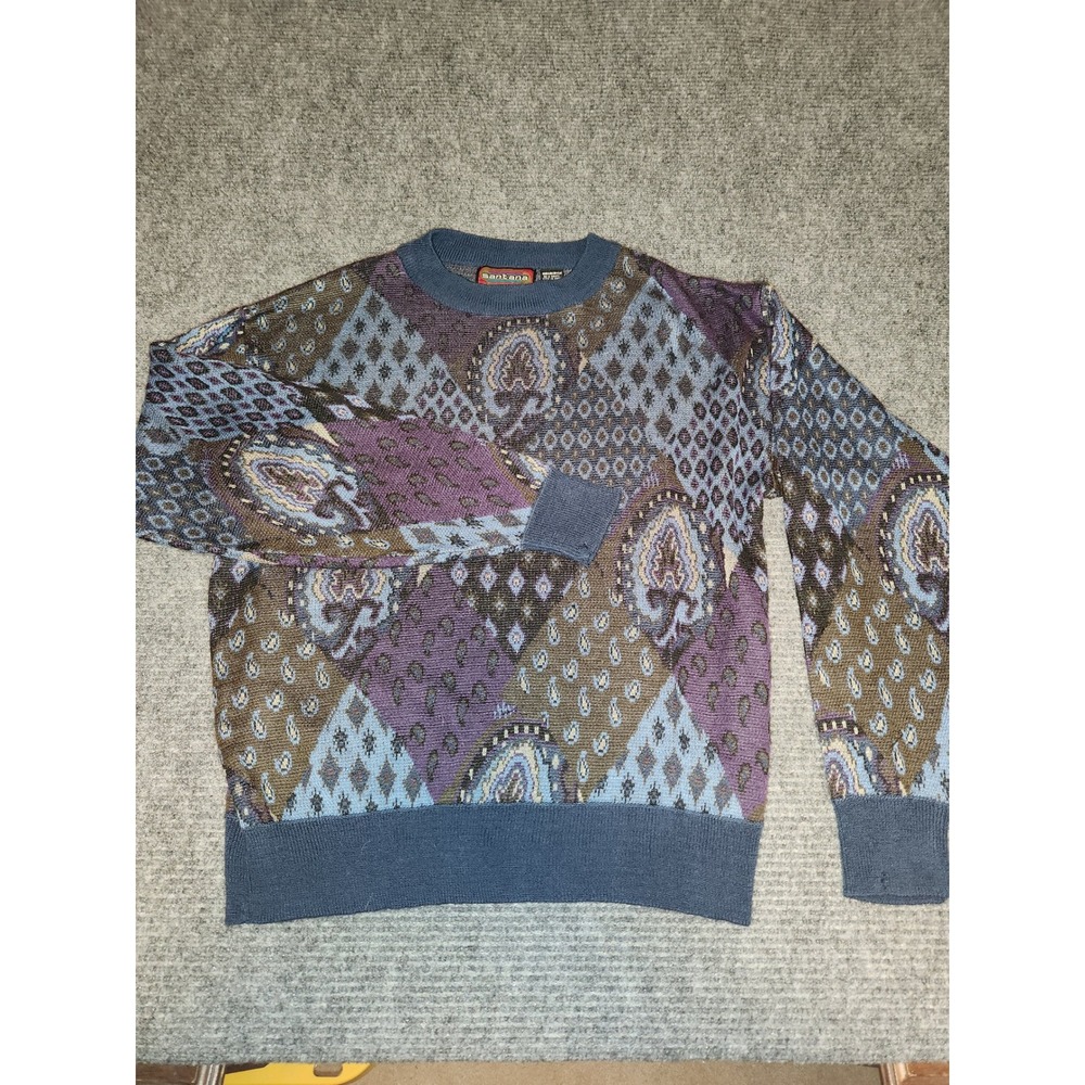 Santana Vintage Mens Paisley Patchwork Knit Sweater Blue Purple Size Medium